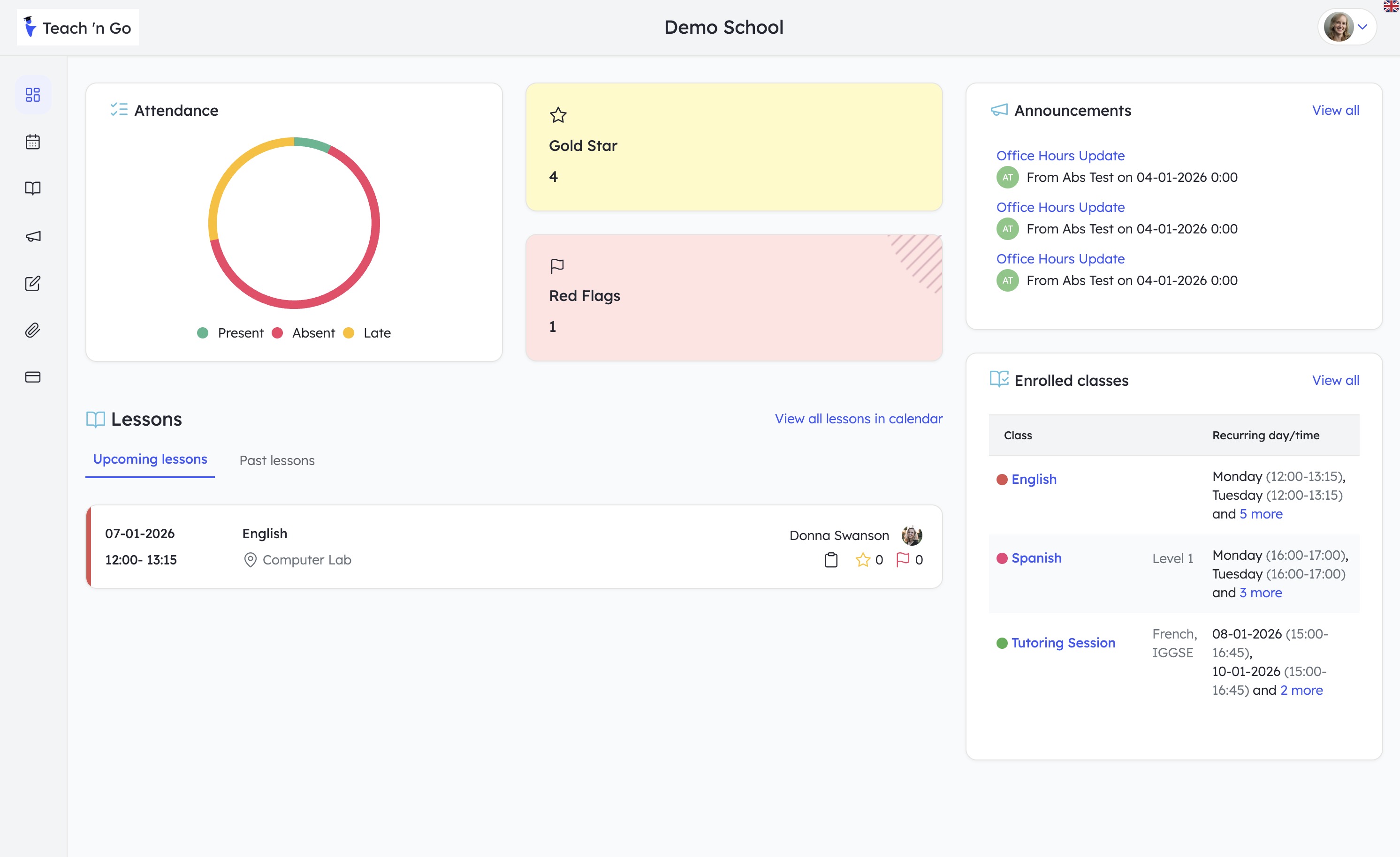Teach 'n Go student and parent portal screenshot