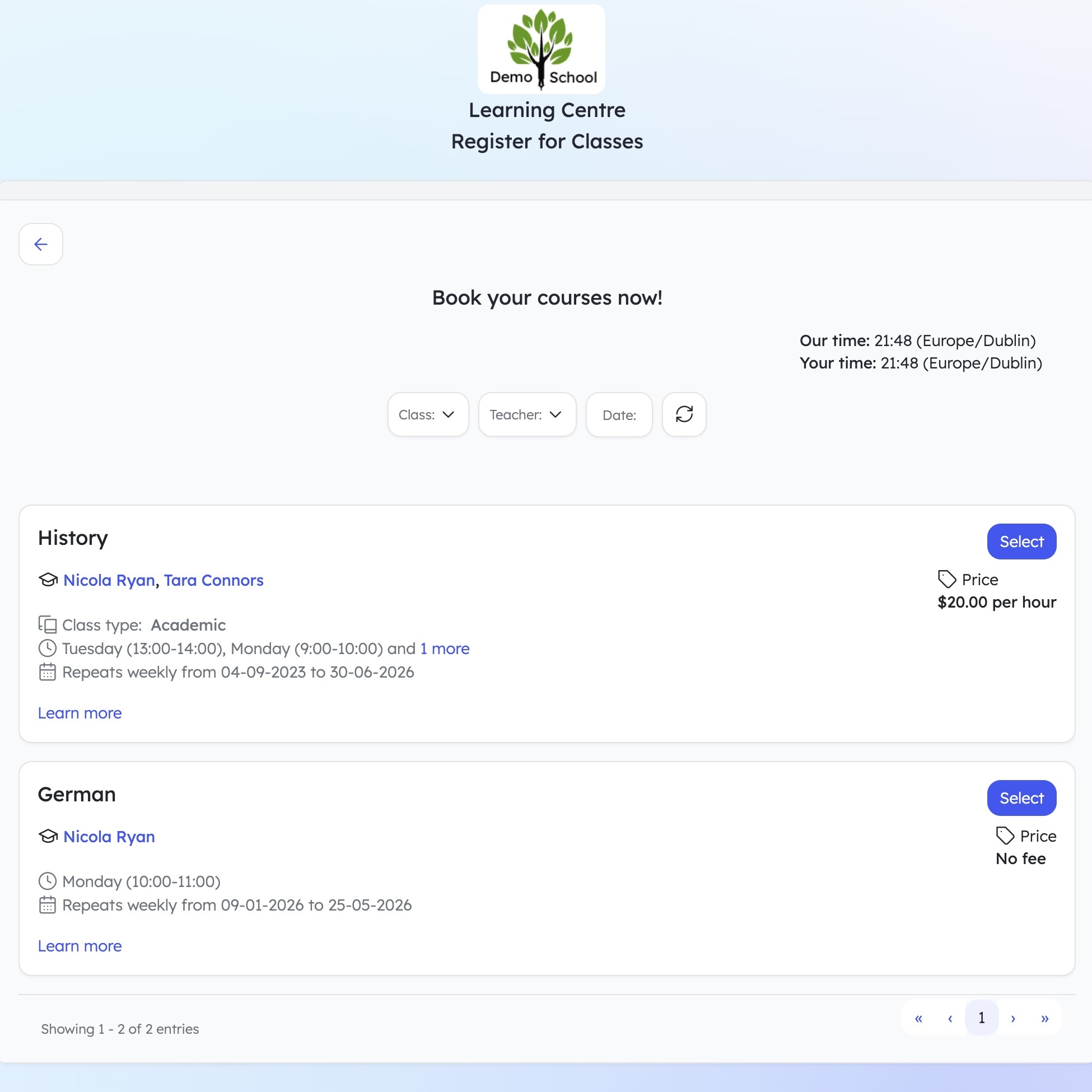 Booking link options for trials or assessments.