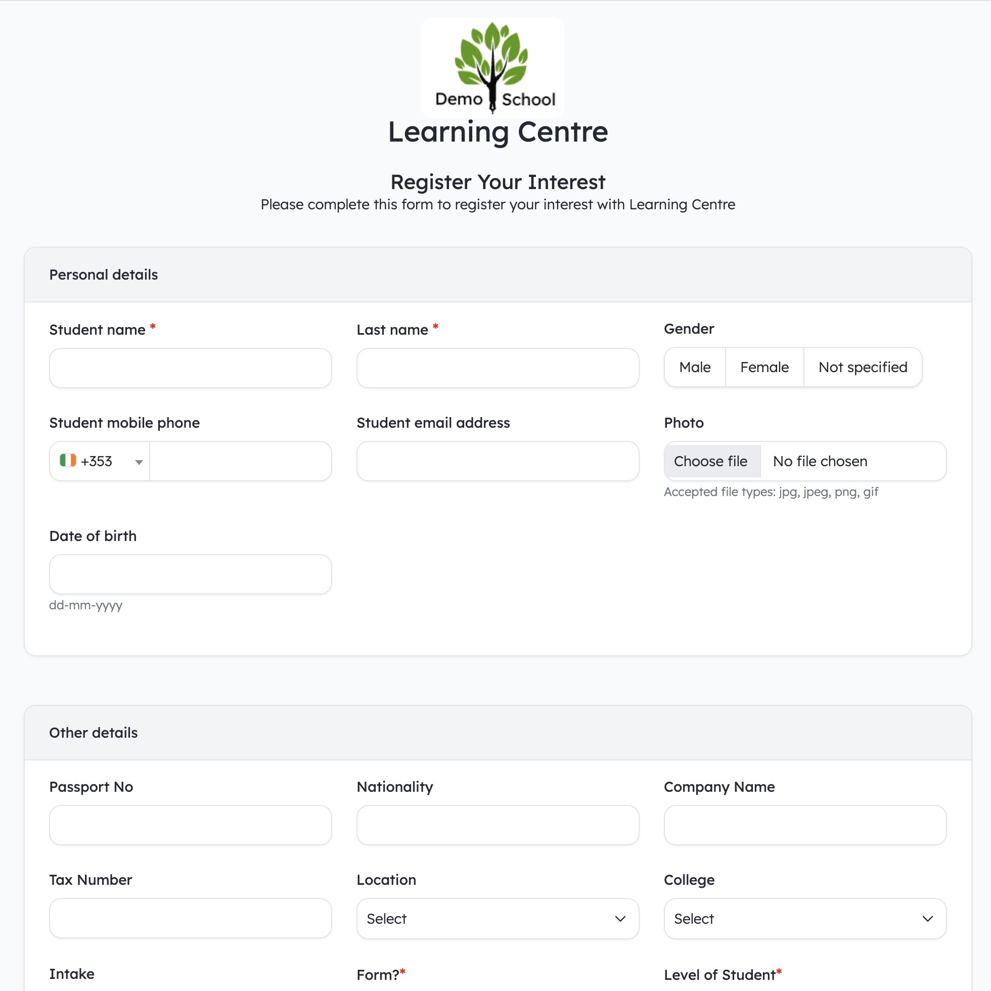 Online registration form collecting new enquiries.
