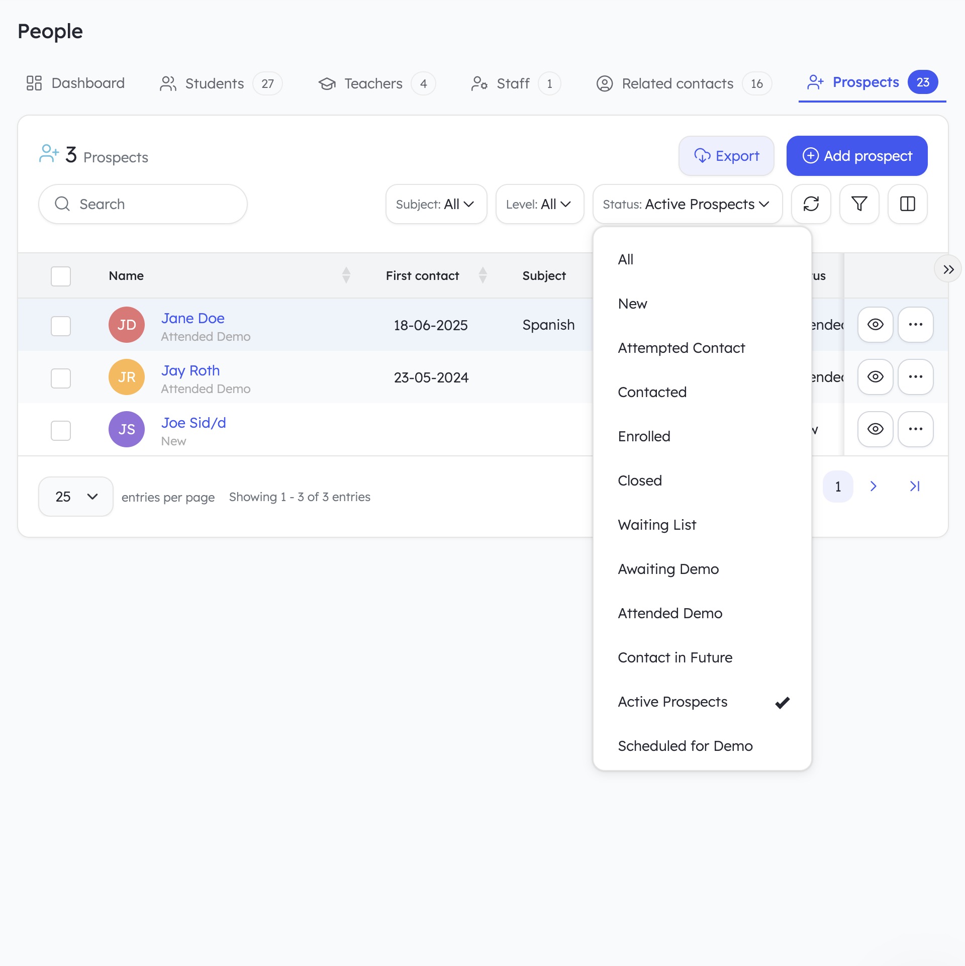 Pipeline view showing enquiry stages.