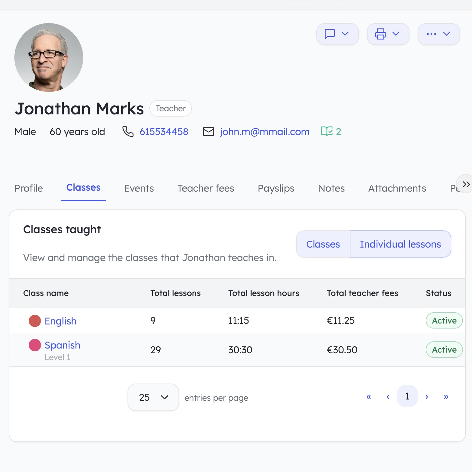 Report showing teaching hours per teacher.