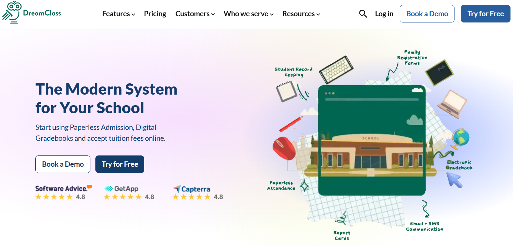 DreamClass homepage — The Modern System for Your School