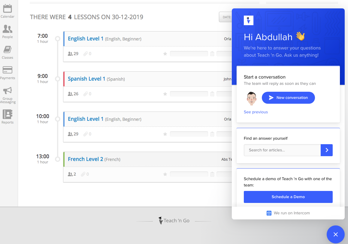 Teach 'n Go dashboard showing lesson schedule with AI chat assistant popup