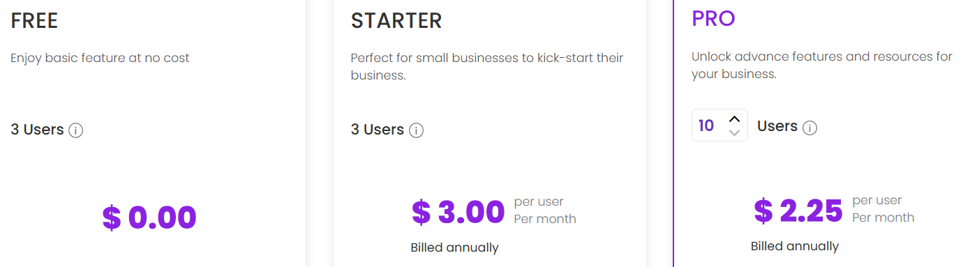 Picktime pricing plans screenshot