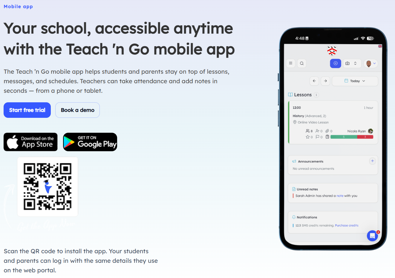 Teach 'n Go mobile app promotional banner — Your school, accessible anytime with the Teach 'n Go mobile app