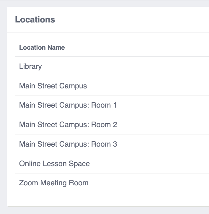 Teachworks Locations panel showing Library, Main Street Campus, and other locations