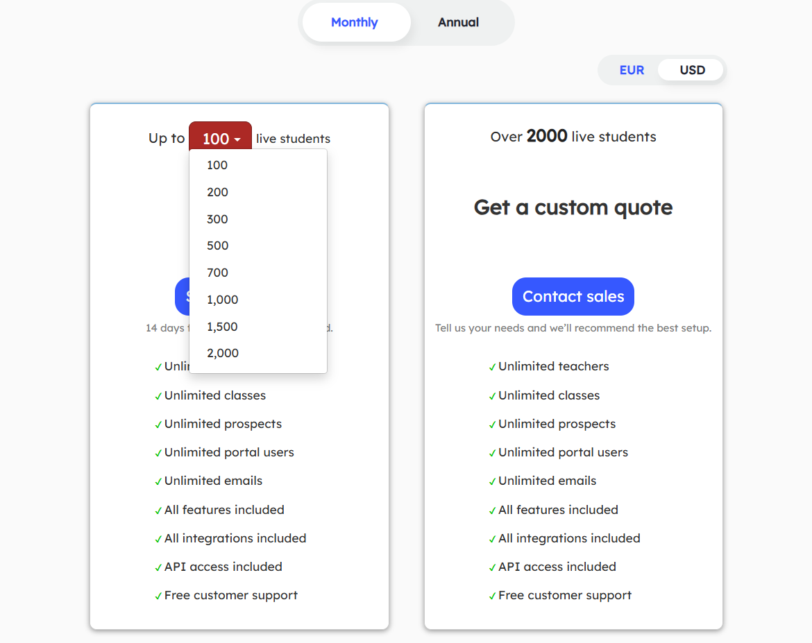 Teach 'n Go pricing page showing student count tiers and feature list