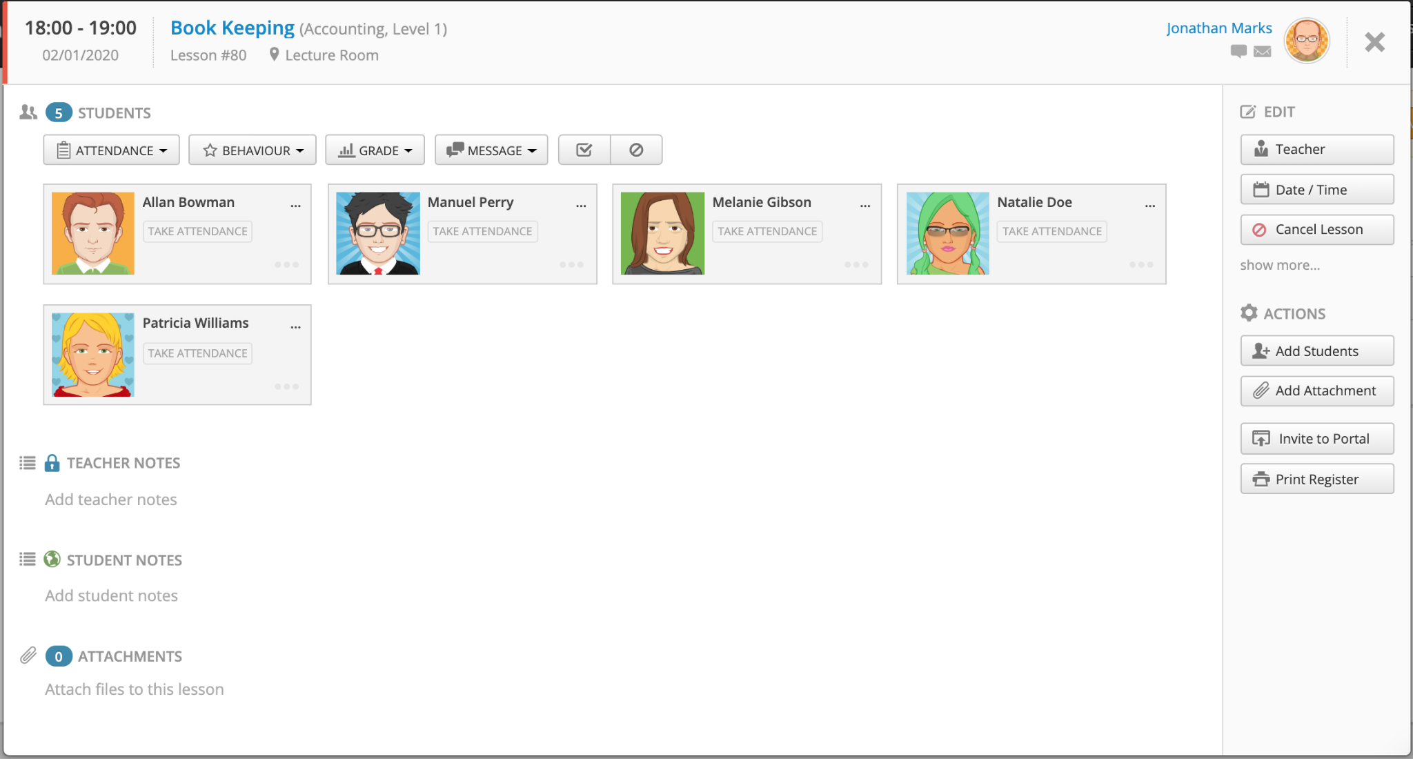 Teach n Go lesson card with attendance, behaviour and grade tabs