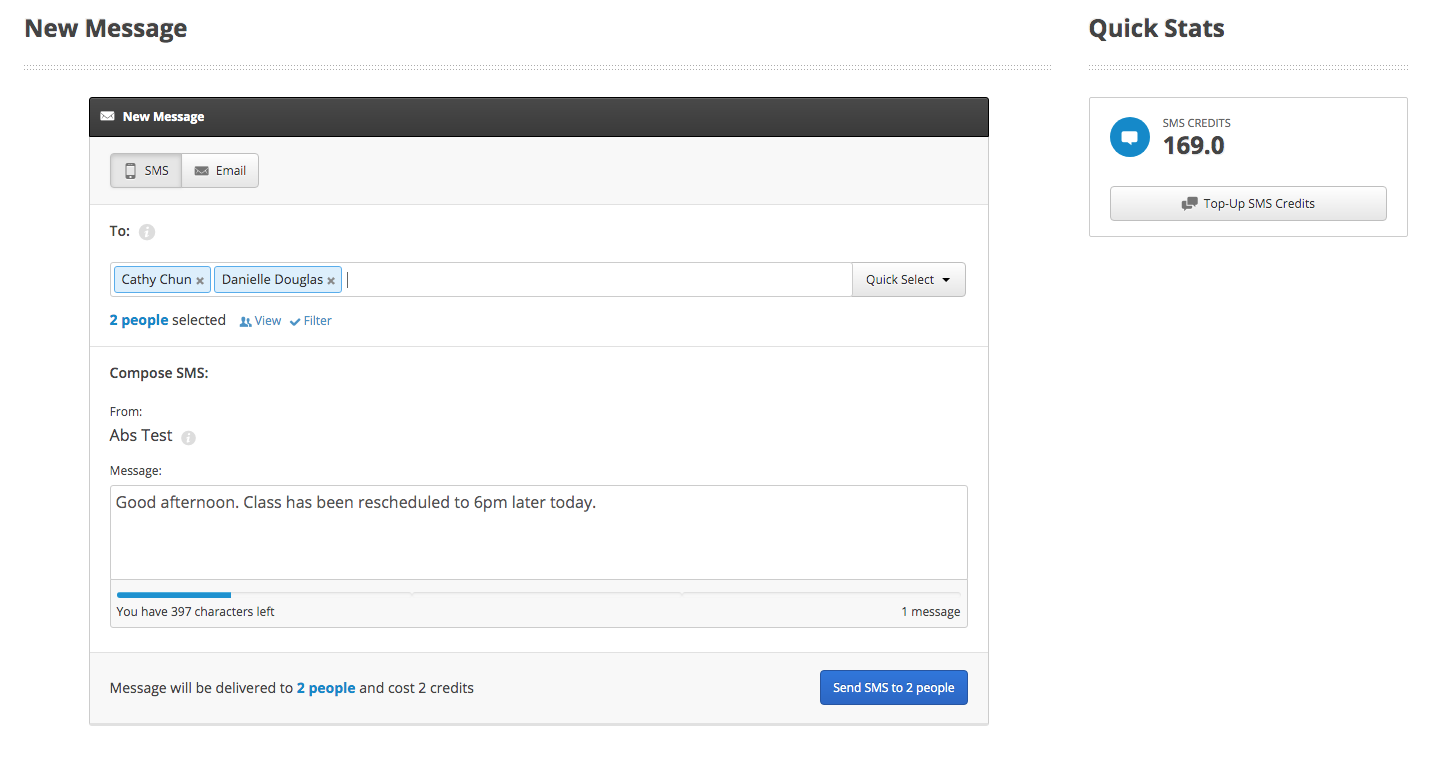 Teach n Go SMS message panel with new message to students