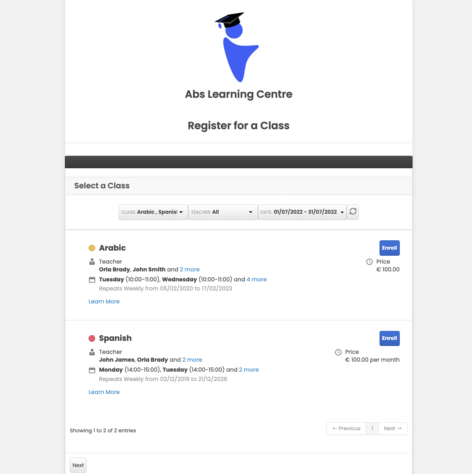 Teach n Go register for a class booking page with Arabic and Spanish classes