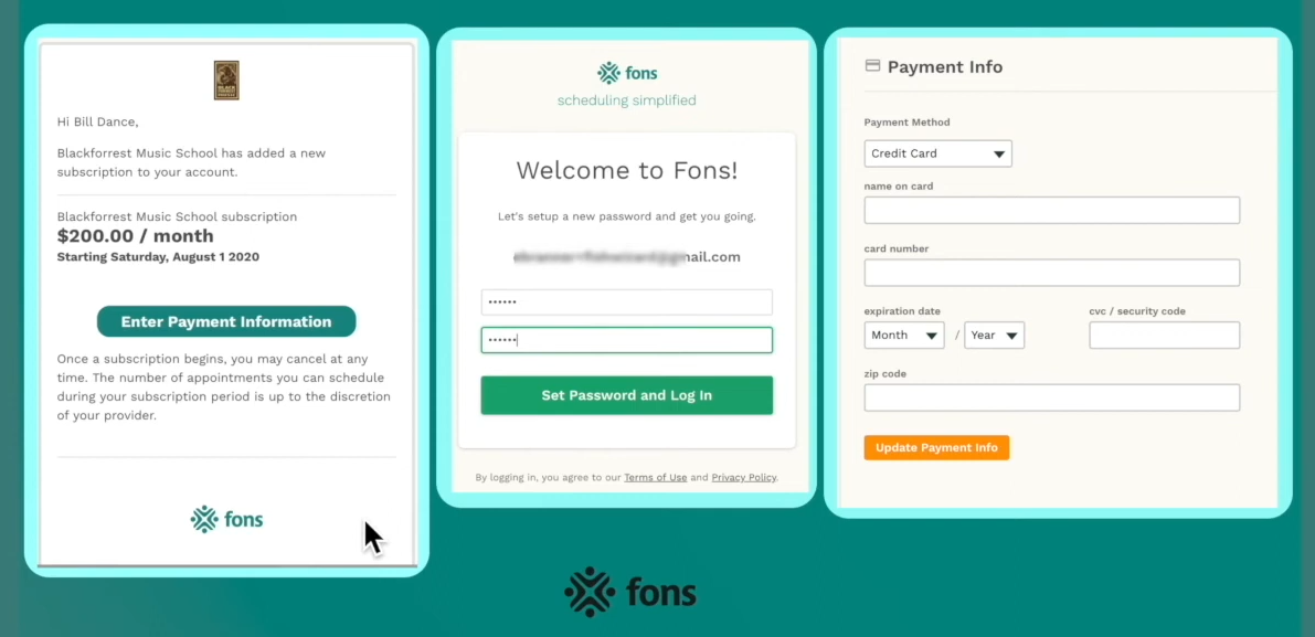 Fons onboarding and payment setup screenshot