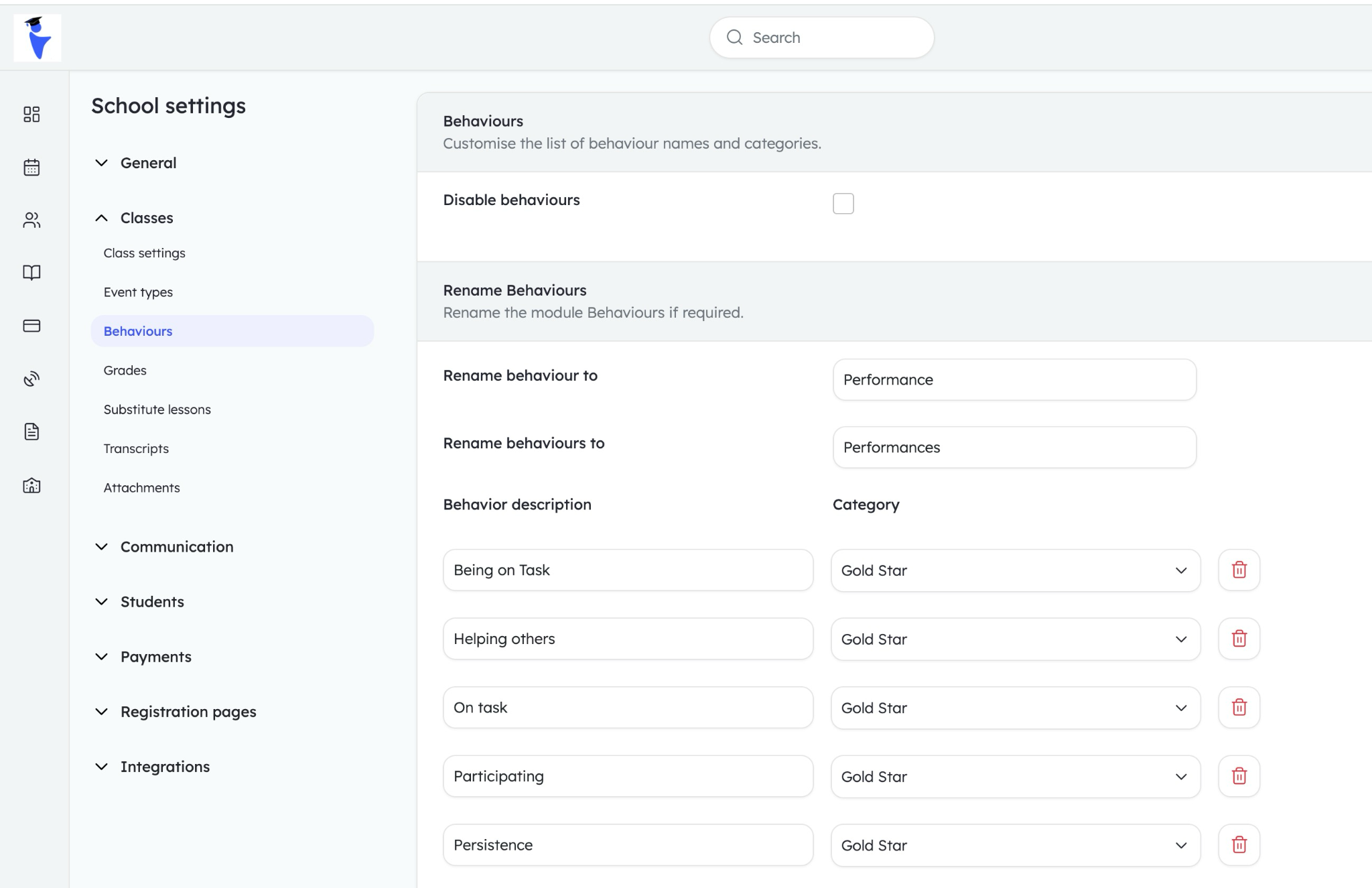Teach 'n Go Behaviours settings