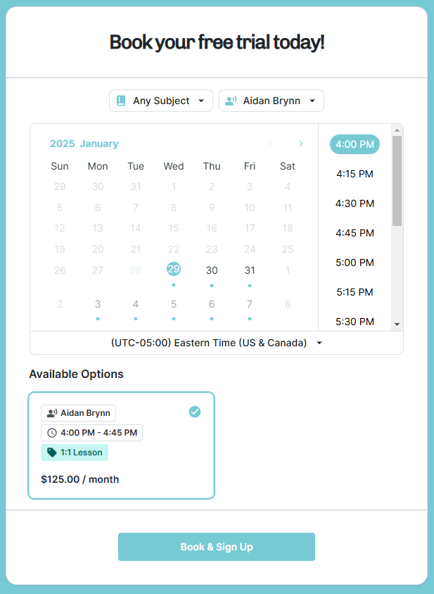 TutorBird scheduling screenshot