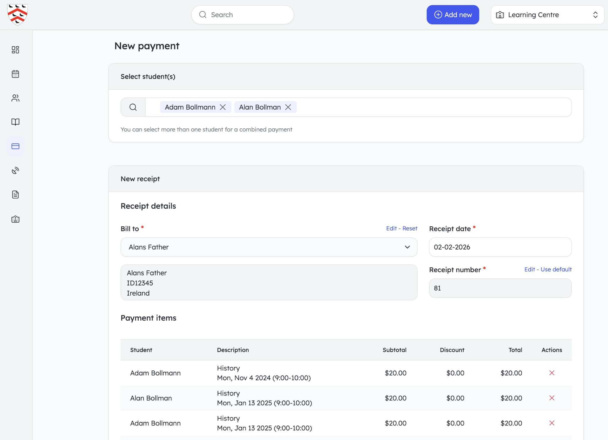 Teach 'n Go billing screenshot