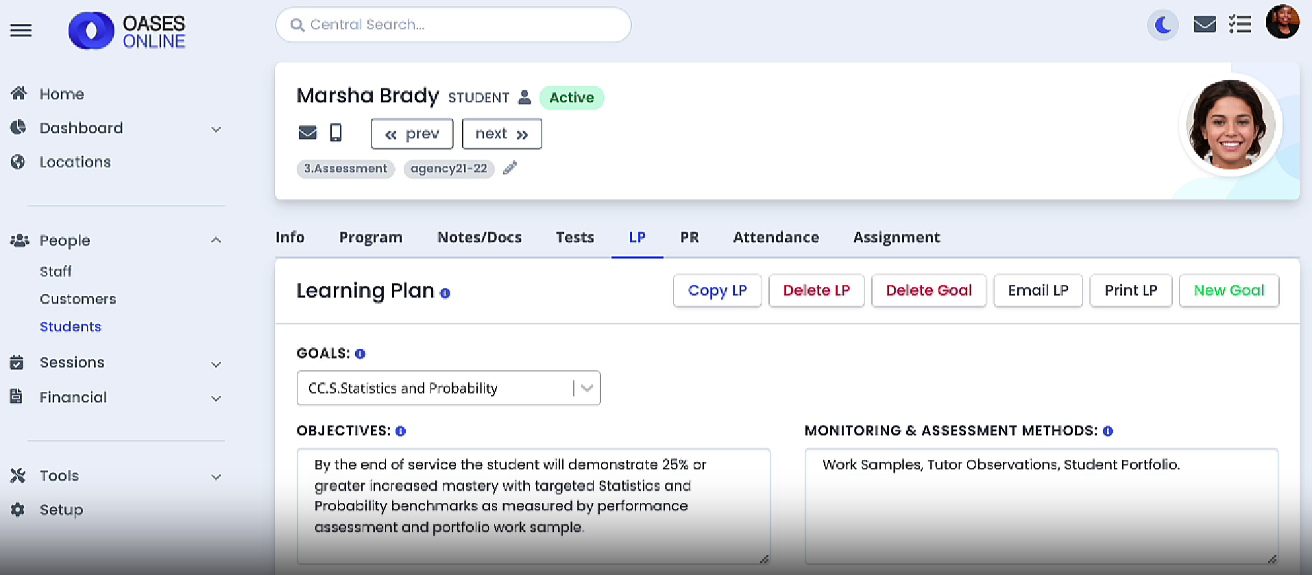 Oases Online learning plan interface