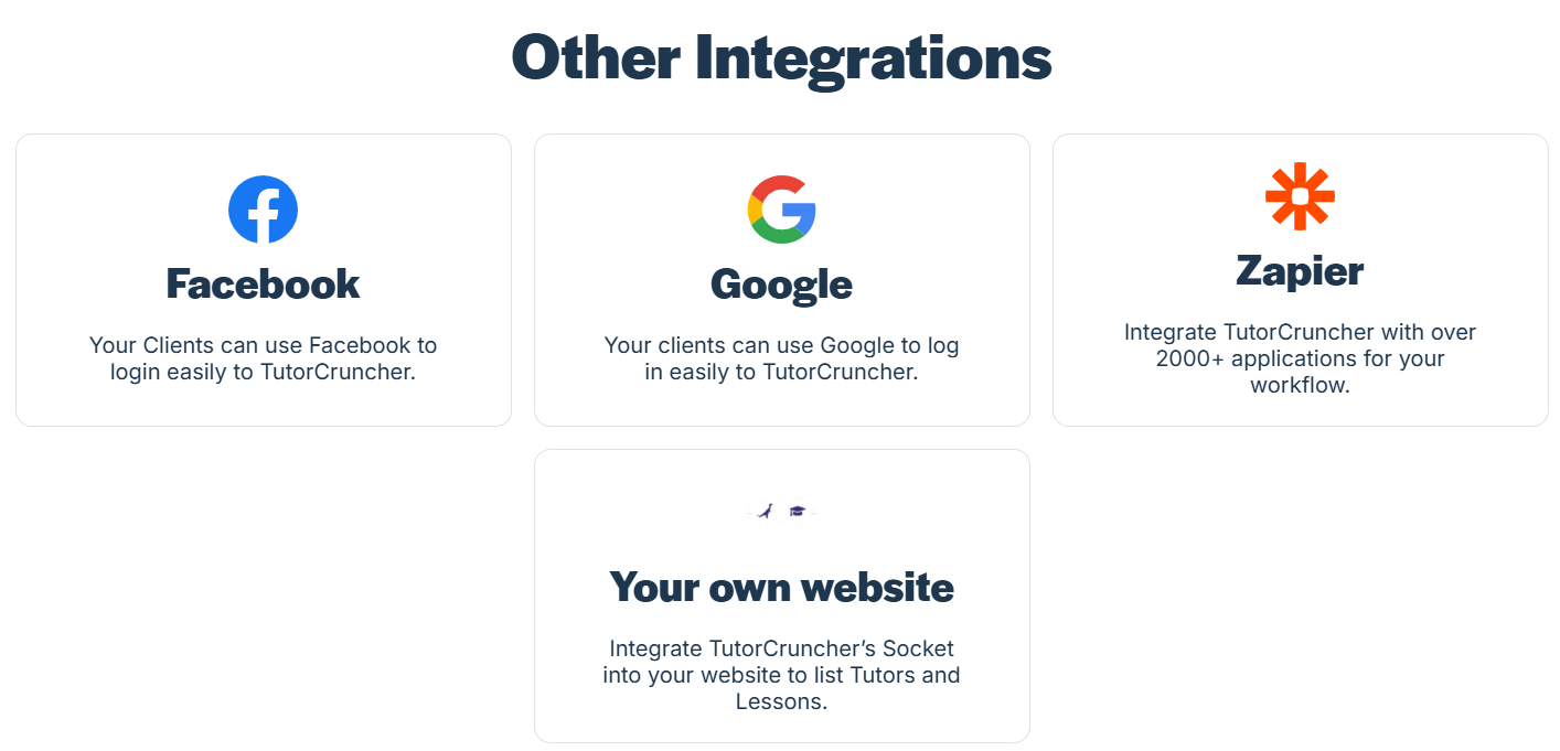 TutorCruncher integrations — Facebook, Google, Zapier, Your own website
