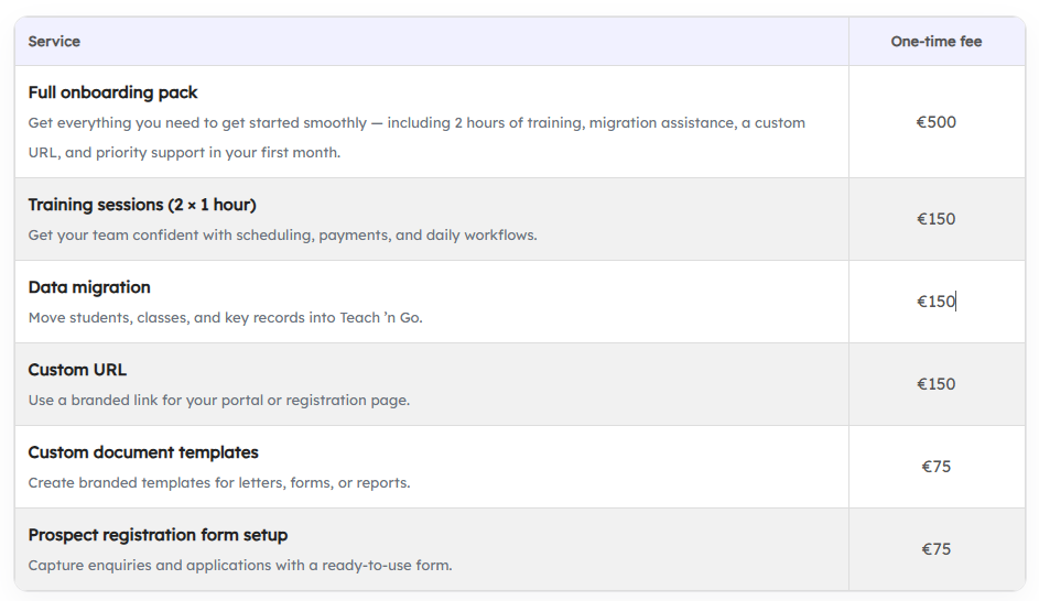 Teach 'n Go one-time setup services