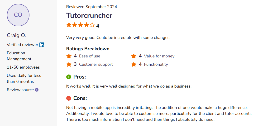 Software Advice review of TutorCruncher